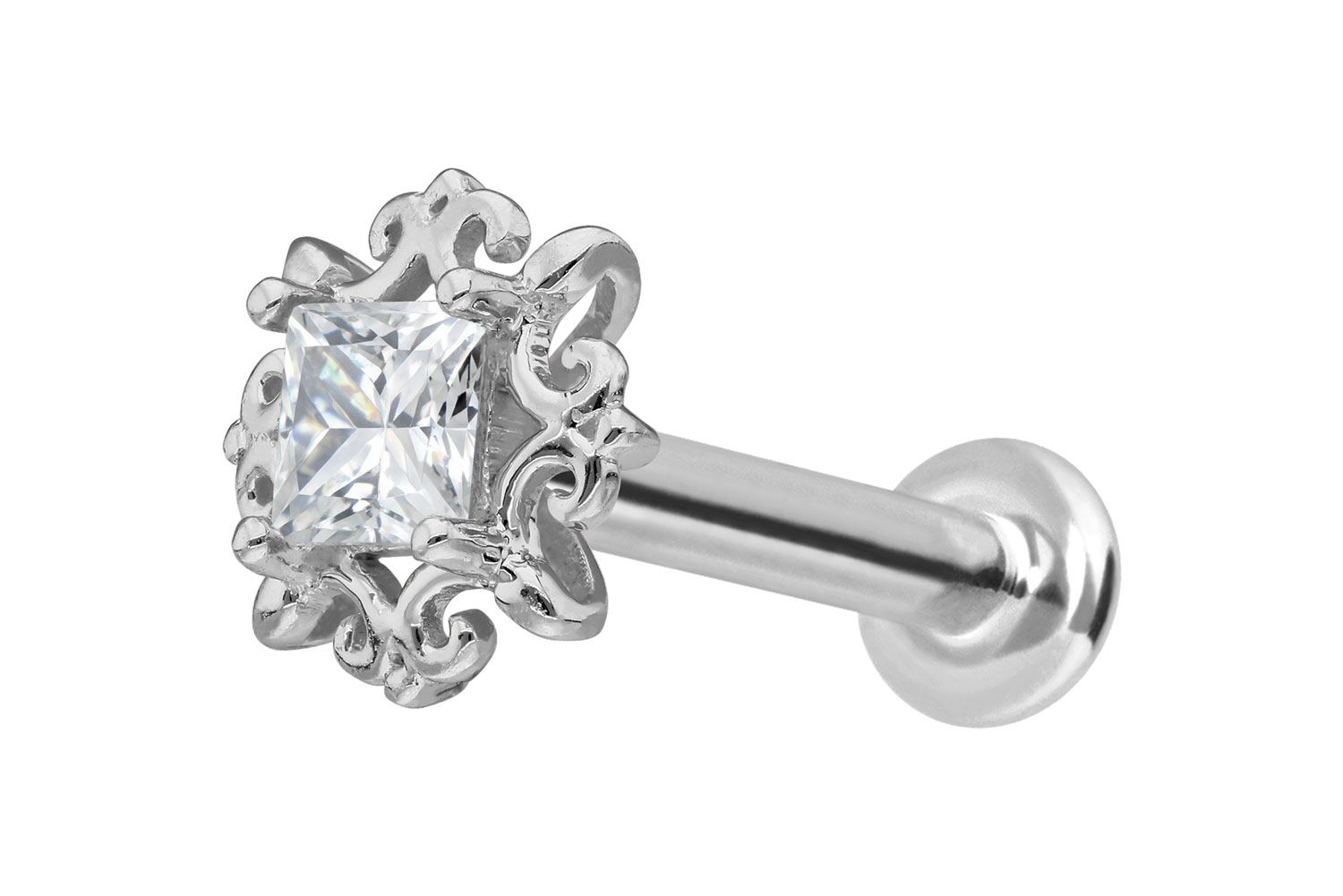 14 Karat Gold Labret Piercing mit Push Fit MOISSANIT-QUADRAT + ORNAMENTE